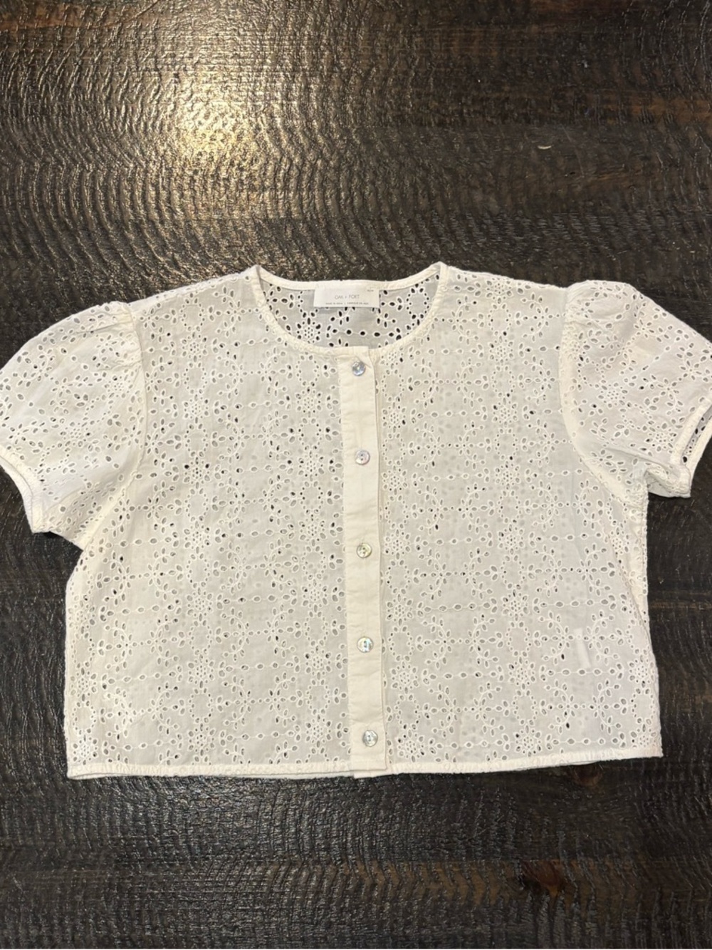 Oak + Fort White Eyelet Button-Front Top, size XS